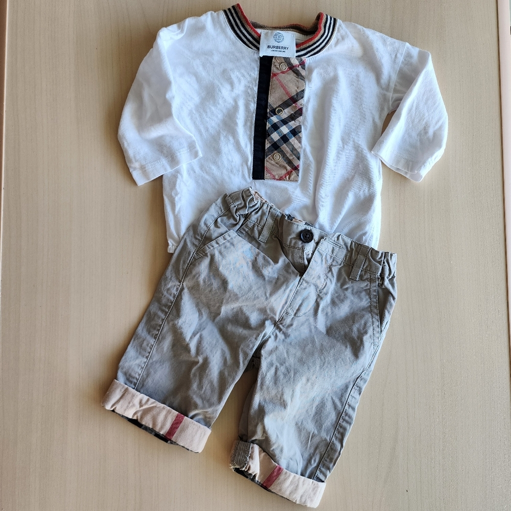 Burberry Kids White Shirt and Gray Shorts Set